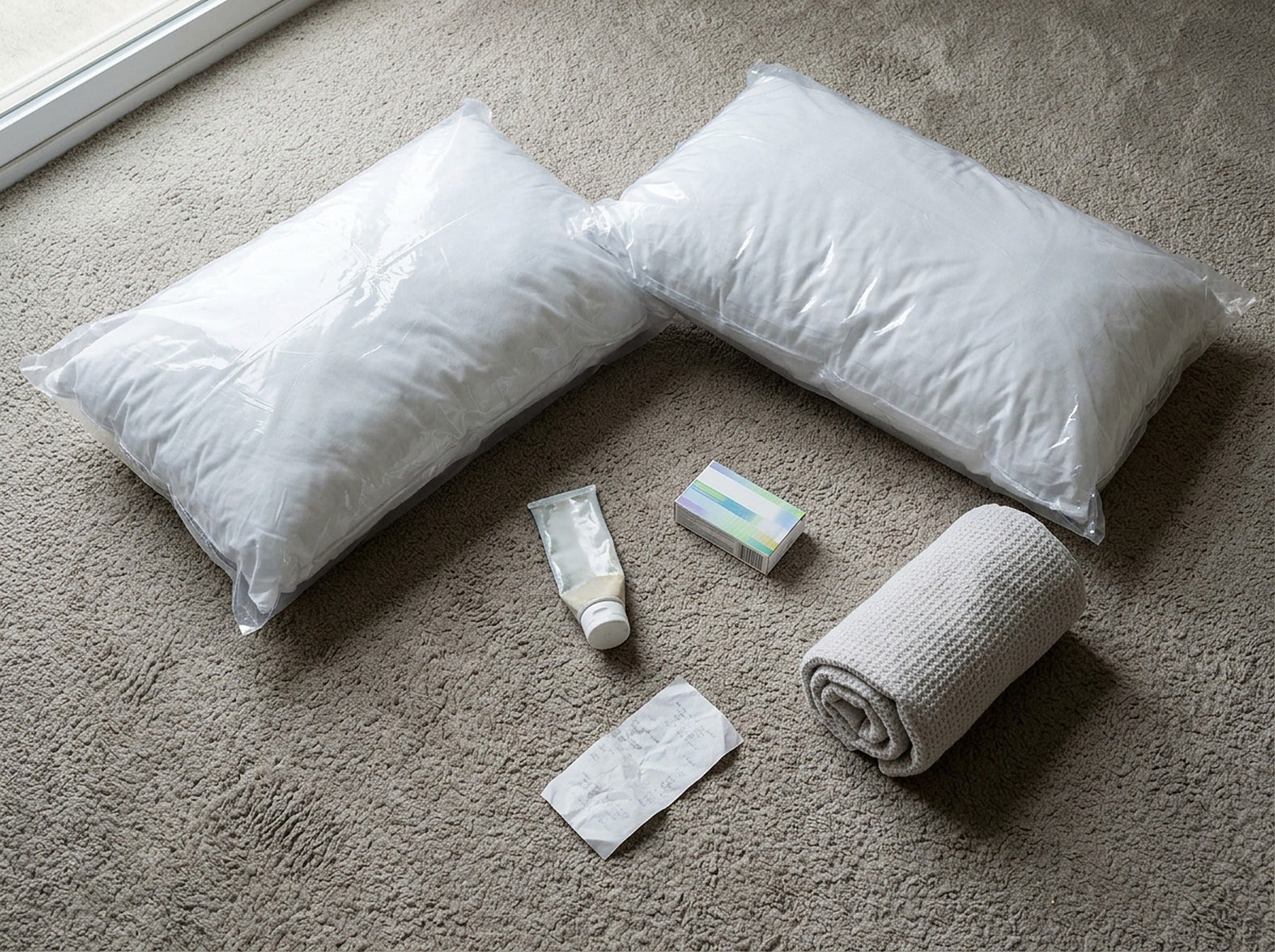 Flat lay of pillows, muscle rub, ibuprofen and a bed-shop receipt