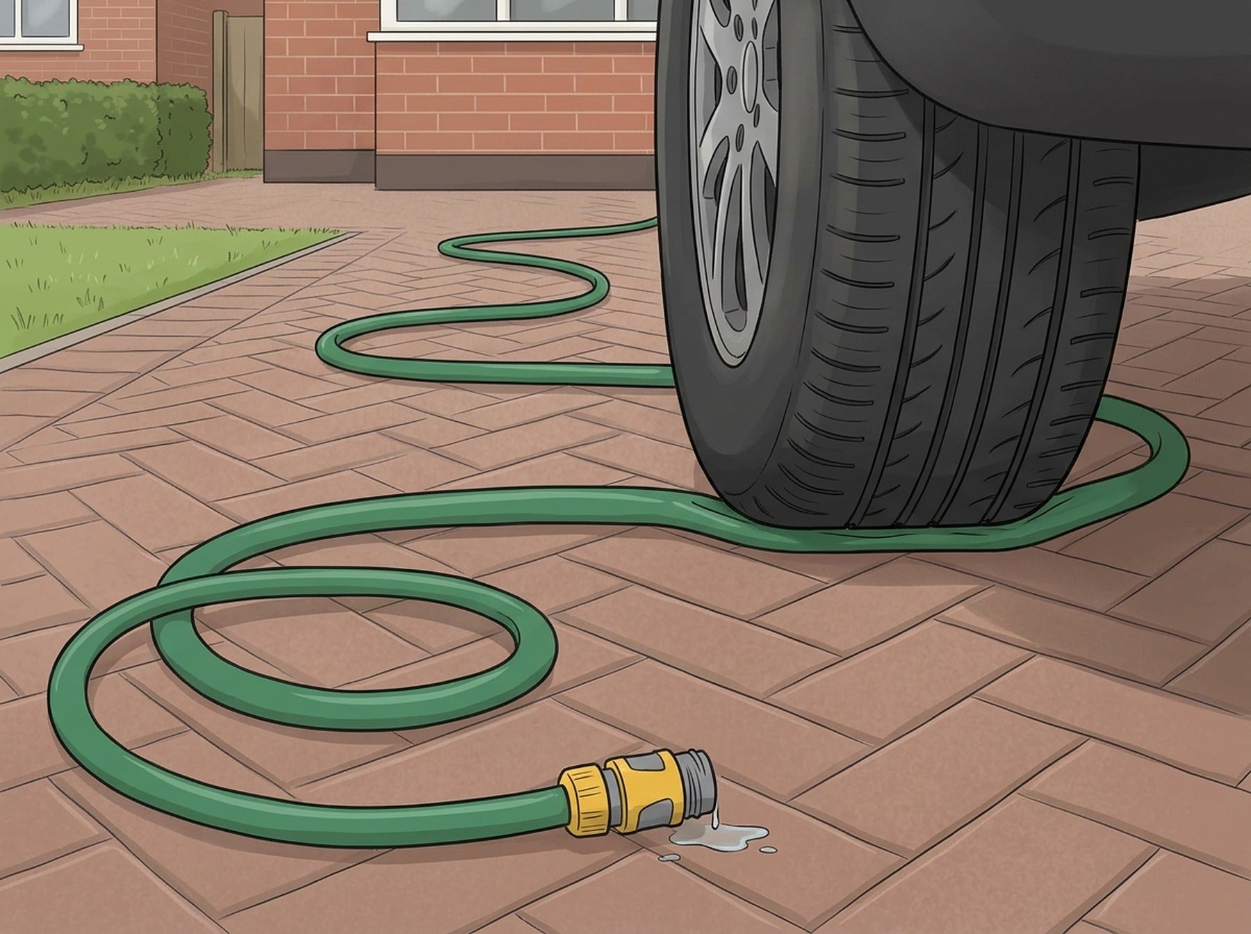 A garden hose flattened under a car tyre