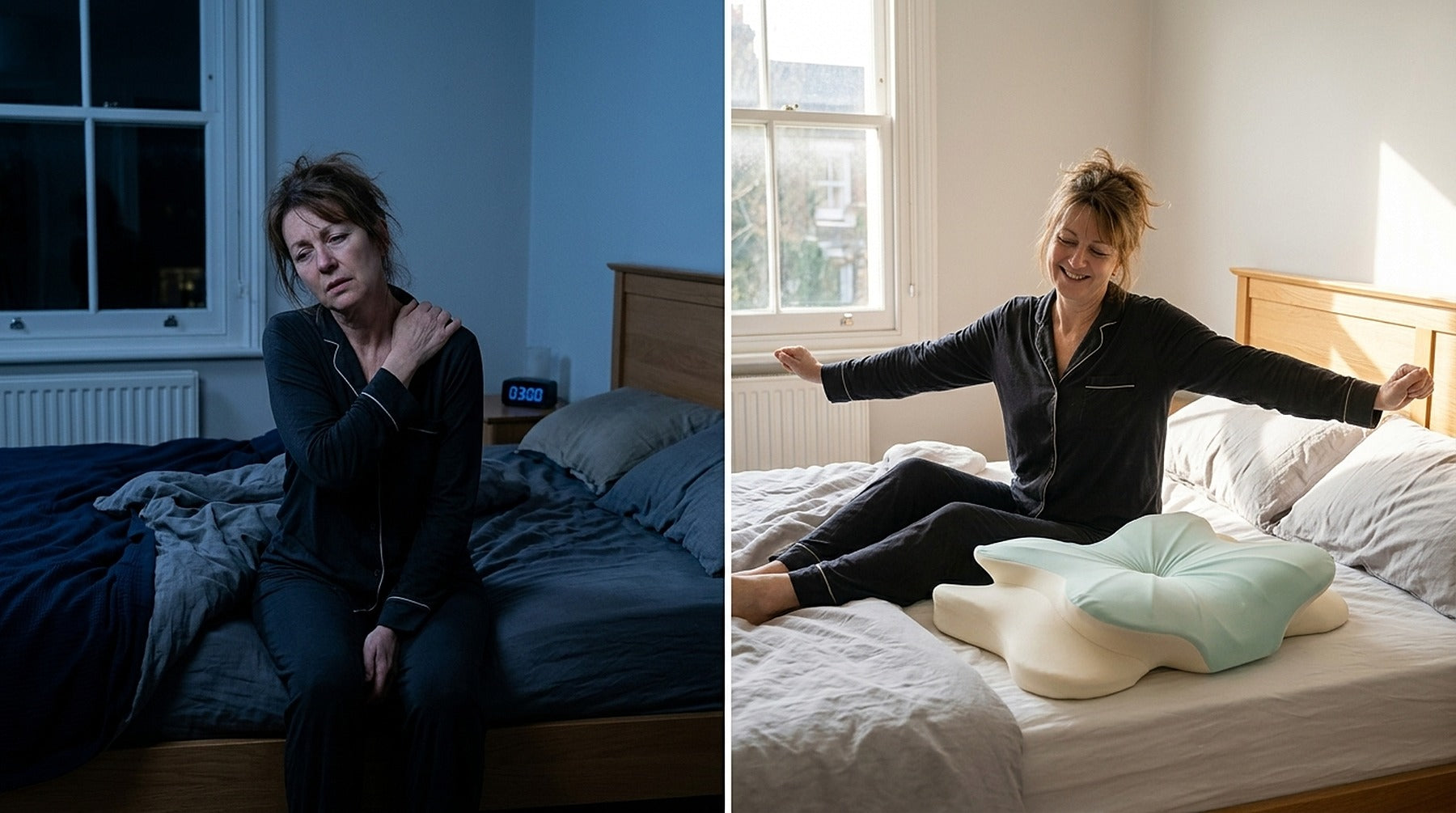 Split image: 3am on the edge of the bed, and stretching in the morning