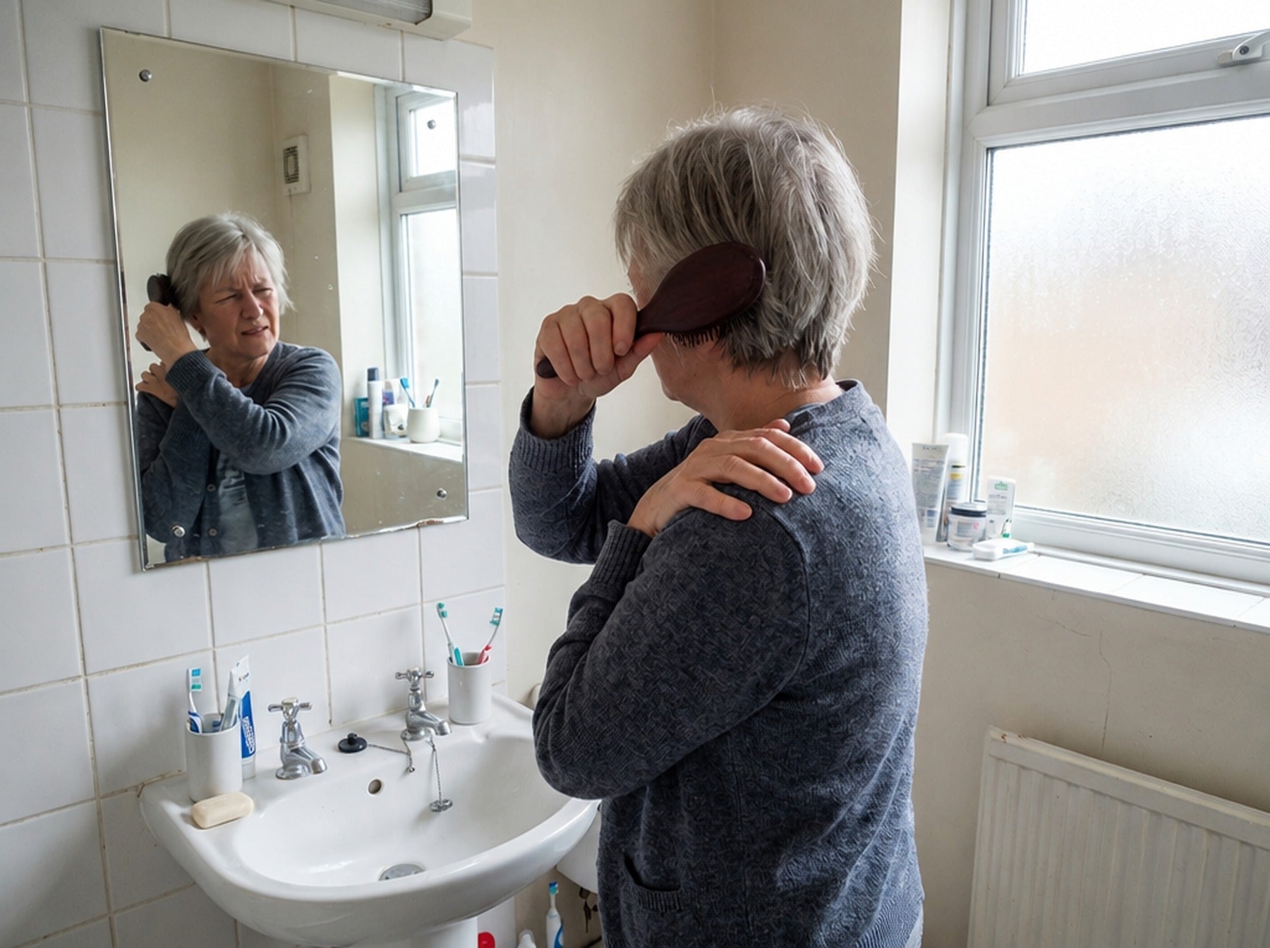 Woman struggling to lift her arm to brush the back of her hair