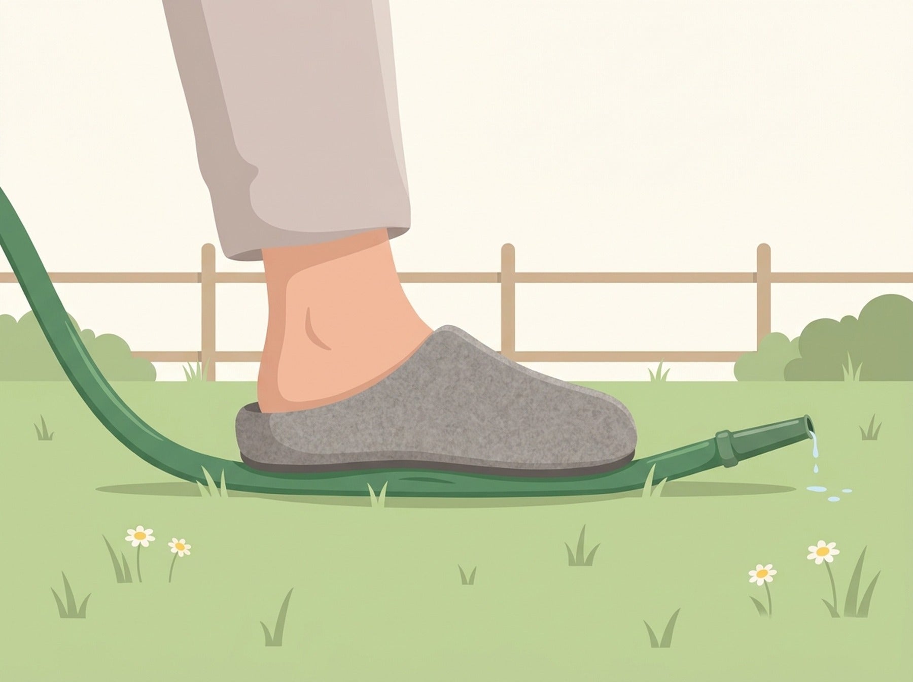 A foot pressing down on a garden hose