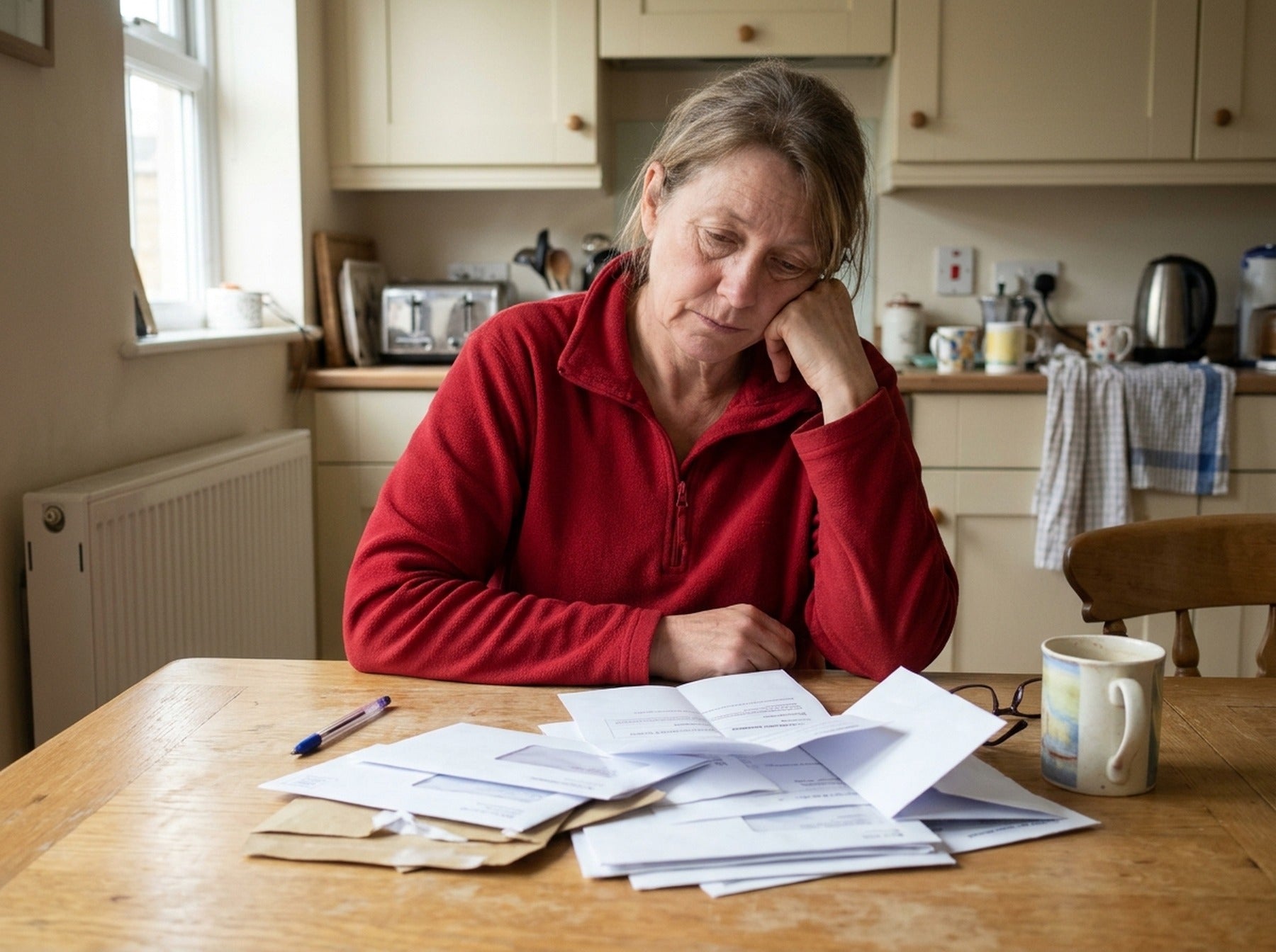 Denise at her kitchen table with a pile of appointment letters