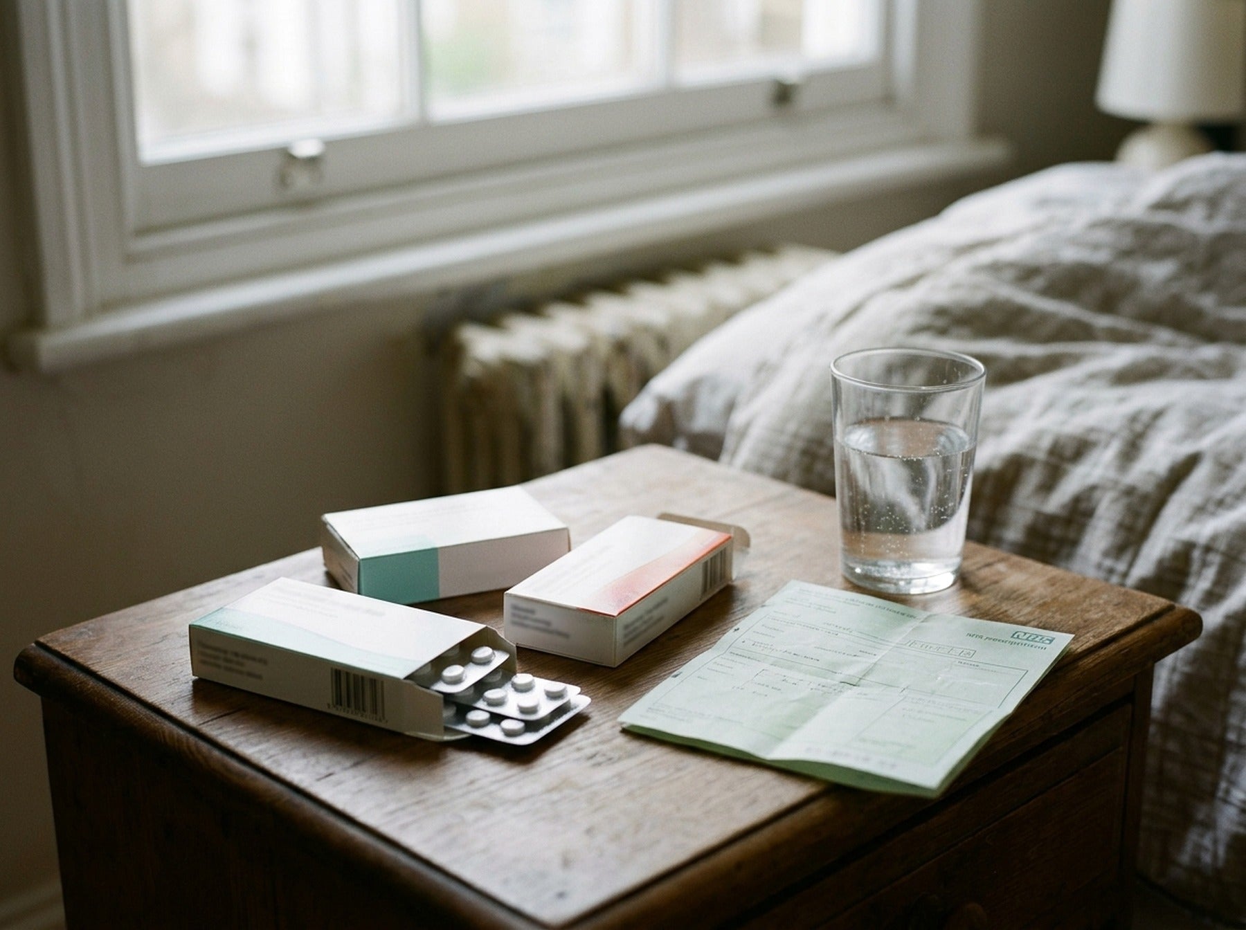 Bedside table with boxes of tablets and a prescription