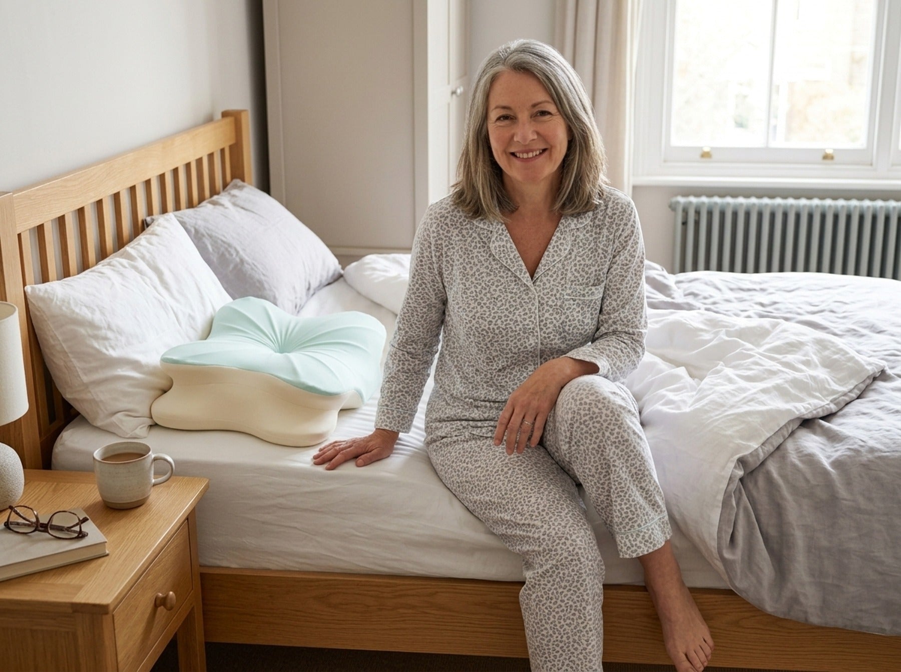 Woman getting out of bed easily in bright morning light