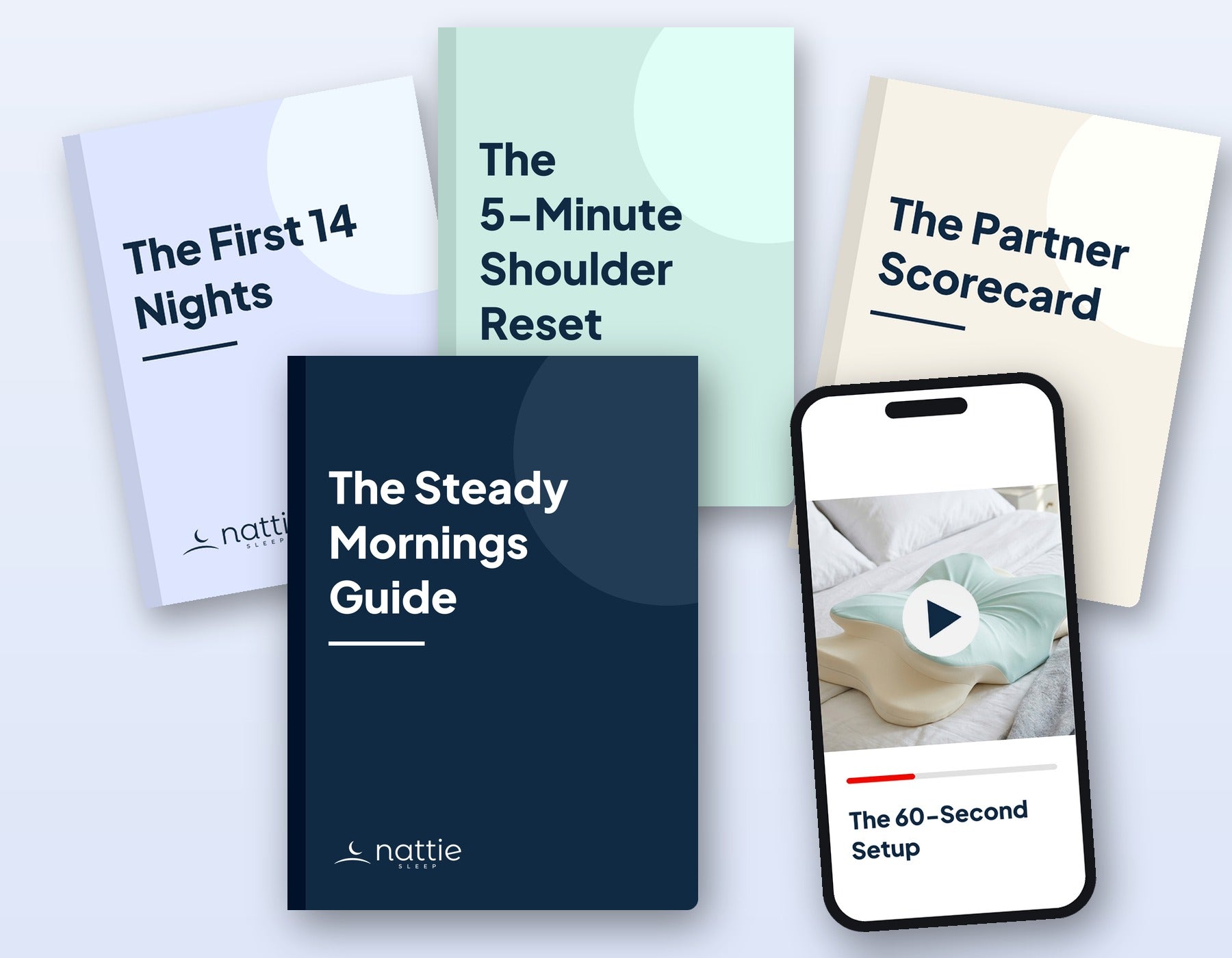 Mock-up of the five bonuses with the Steady Mornings Guide in front
