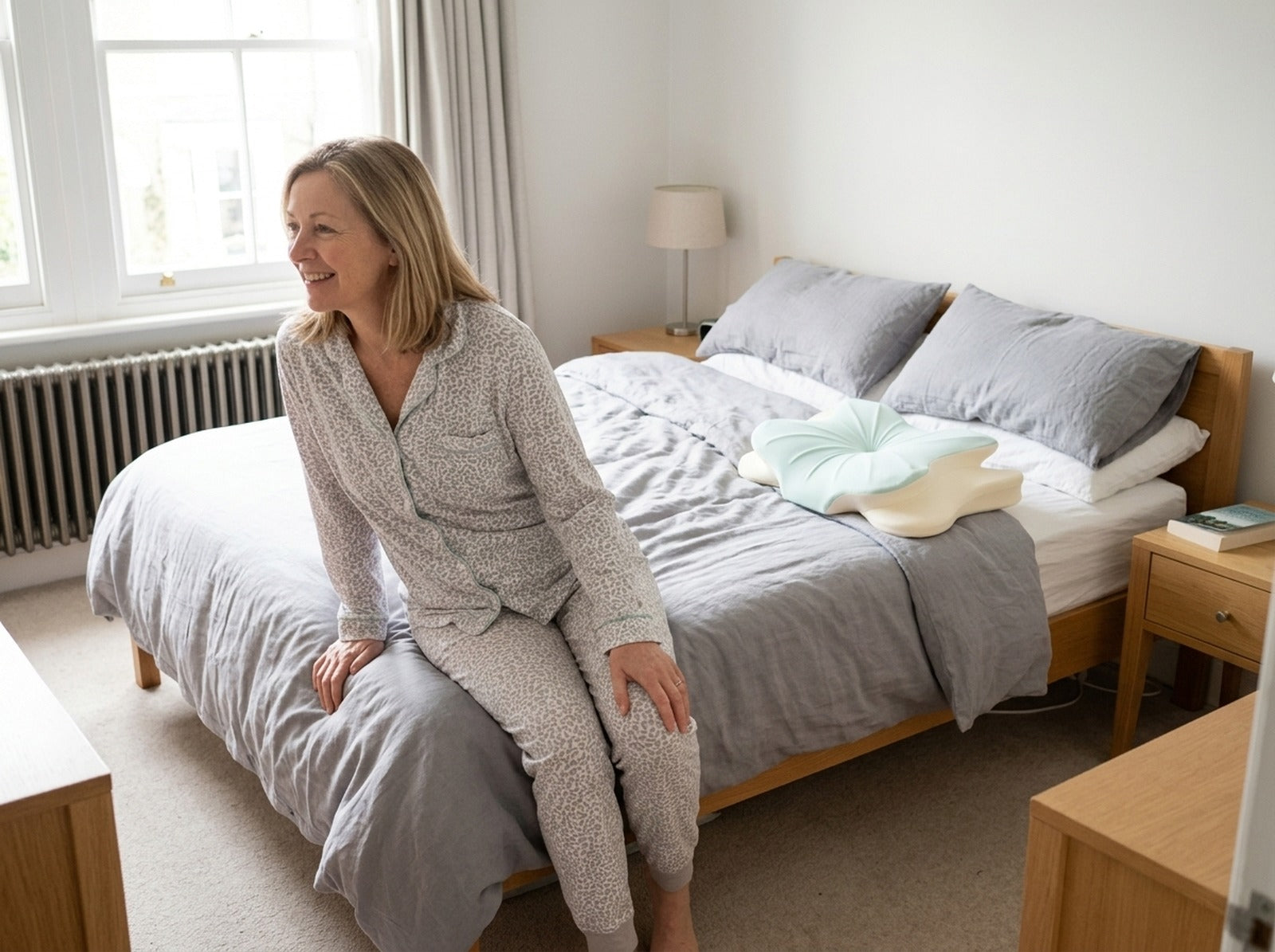 Woman getting out of bed easily in bright morning light
