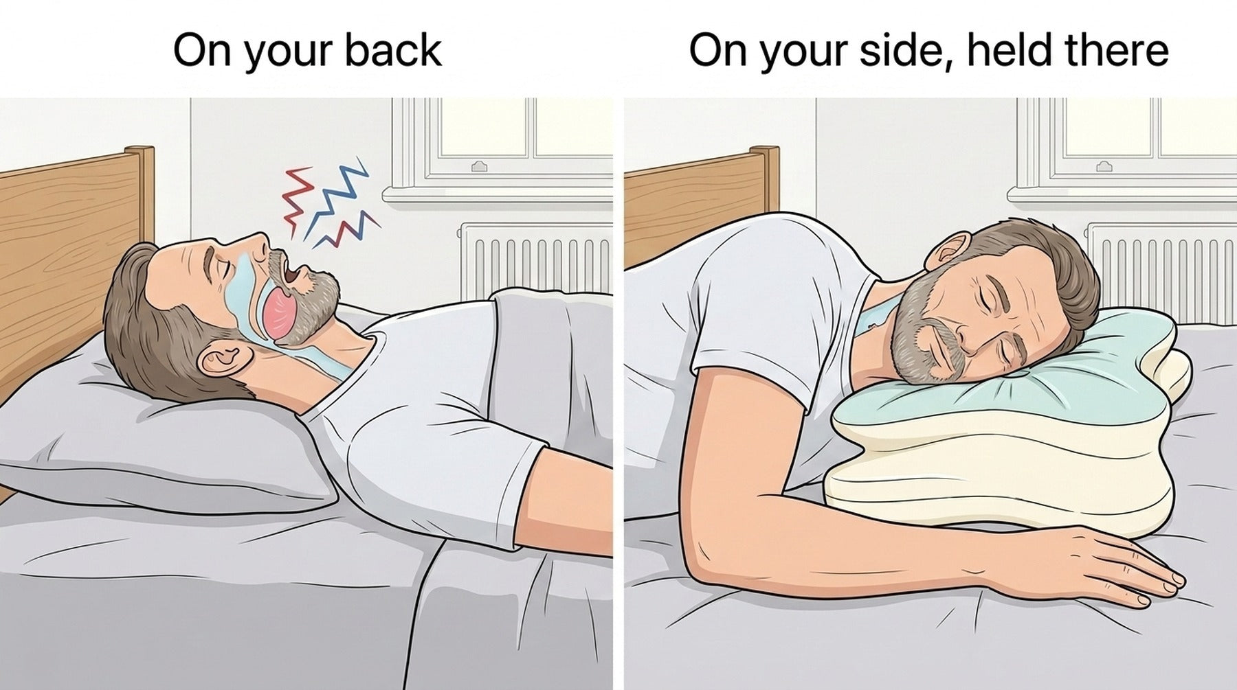 Two-panel diagram: on your back and on your side, held there