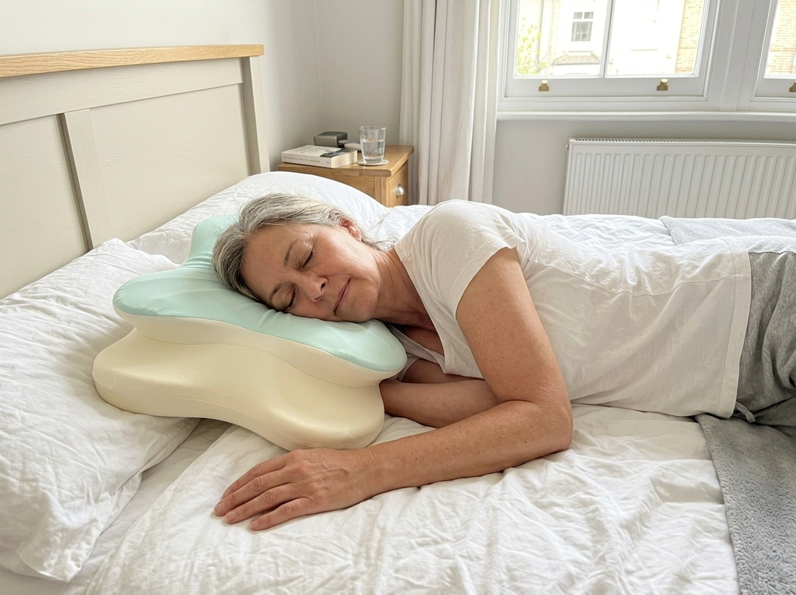 Woman sleeping on her side with her shoulder in the cut-out