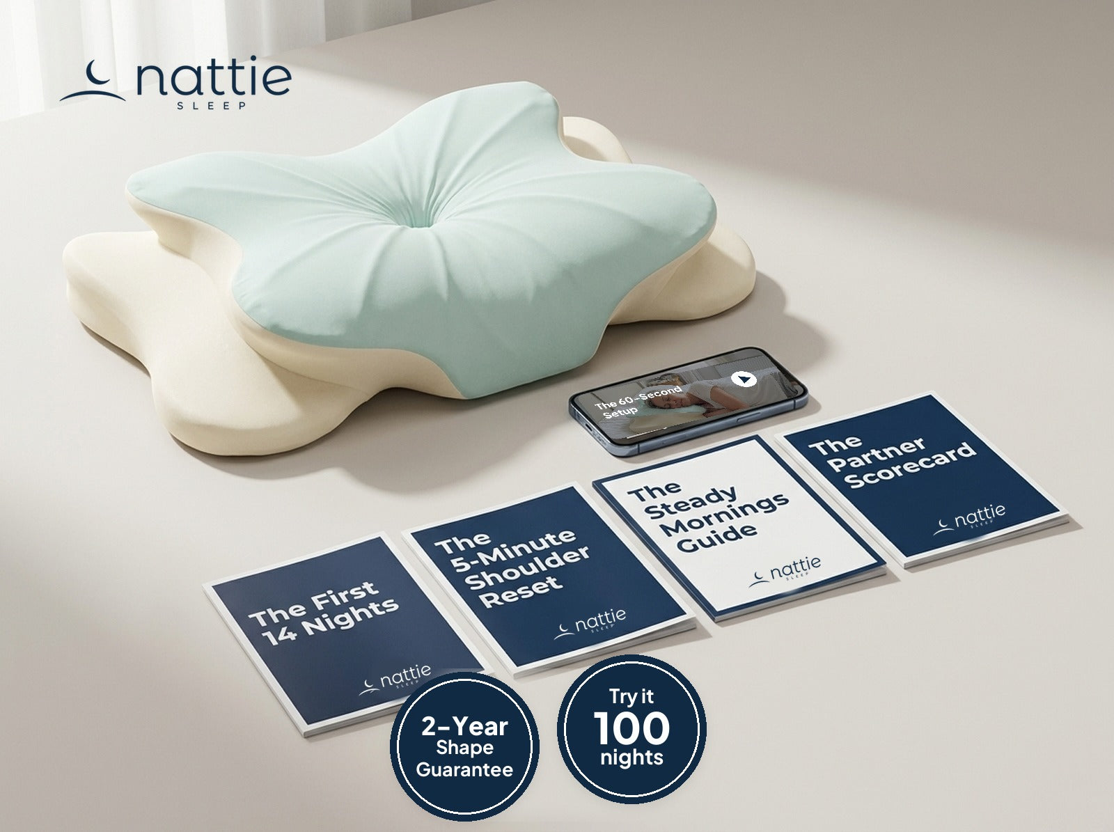 The NattieSide pillow with the five free guides