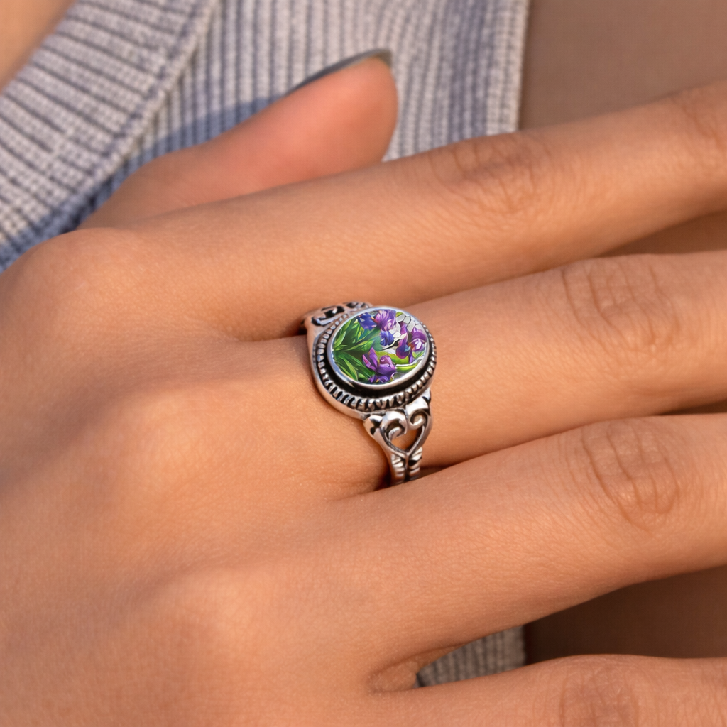 Purple Flower Seal Silver Ring