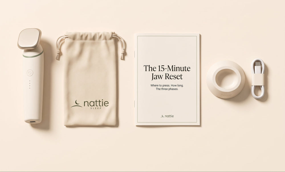 NattieRelease with charging base, travel pouch and the 15-Minute Jaw Reset guide