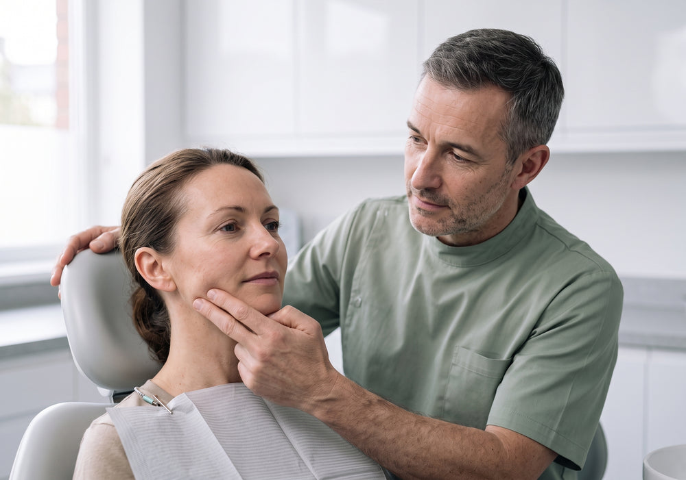 Dr. Hartley checking a patient's jaw muscle