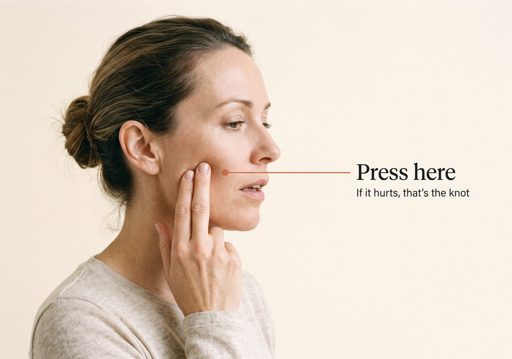 Two fingers pressed on the jaw muscle in front of the ear