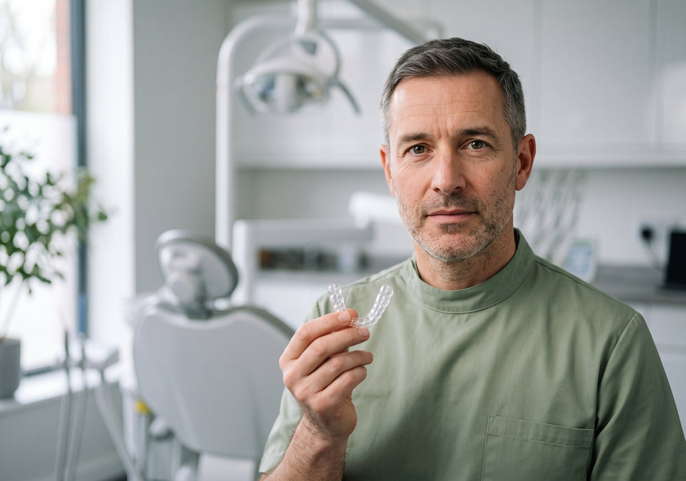 Dr. Simon Hartley in his surgery, holding a night guard
