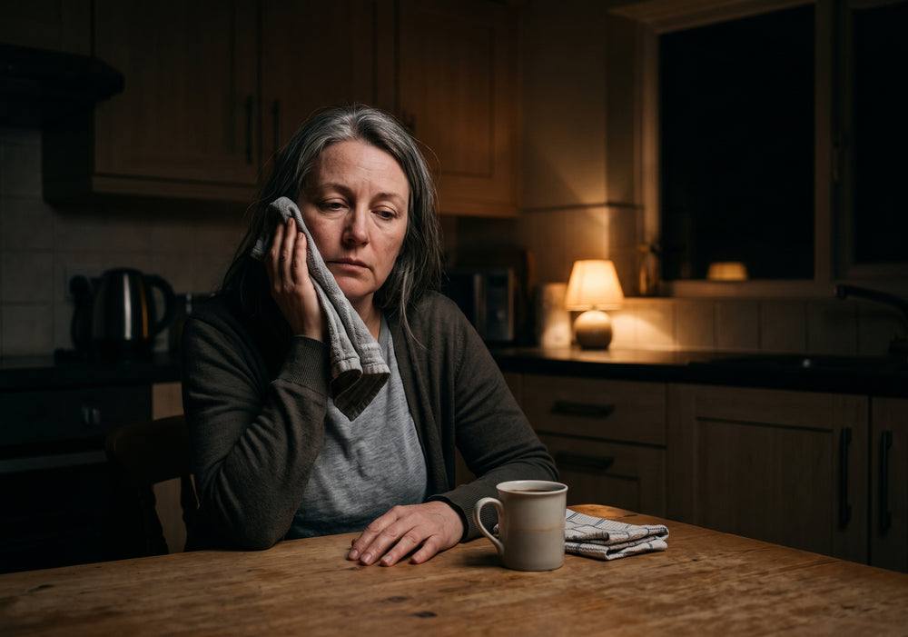 Sarah at the kitchen table at night with a hot flannel on her jaw