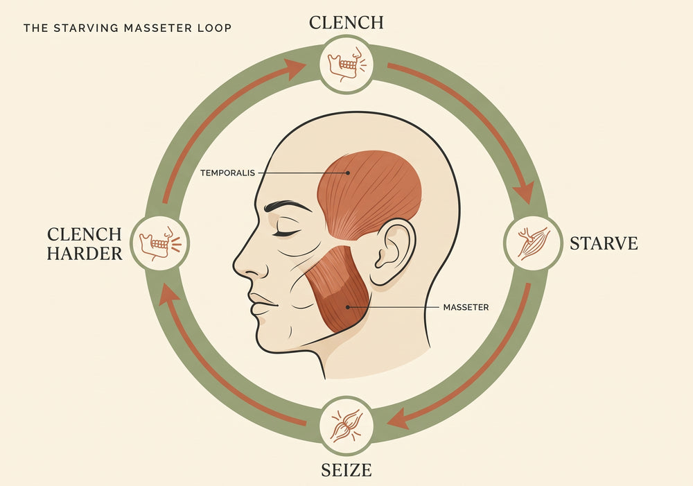 The masseter and temporalis, and the loop that starves them