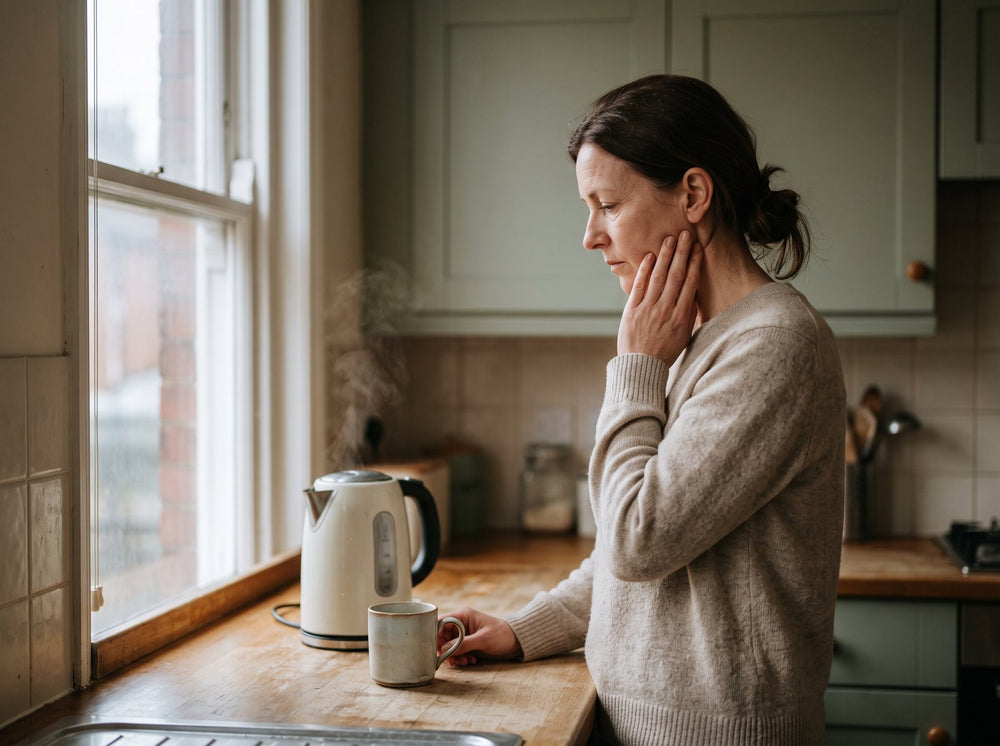 Claire at the kitchen counter, hand on her jaw