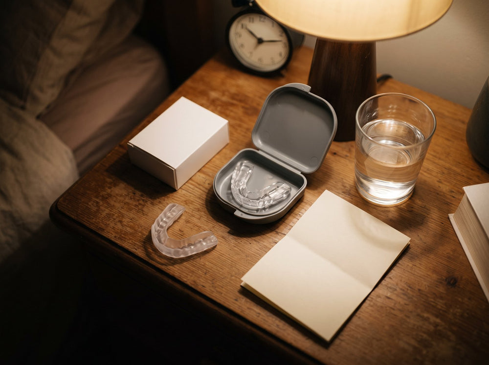 Two night guards, ibuprofen and a clinic invoice on a bedside table