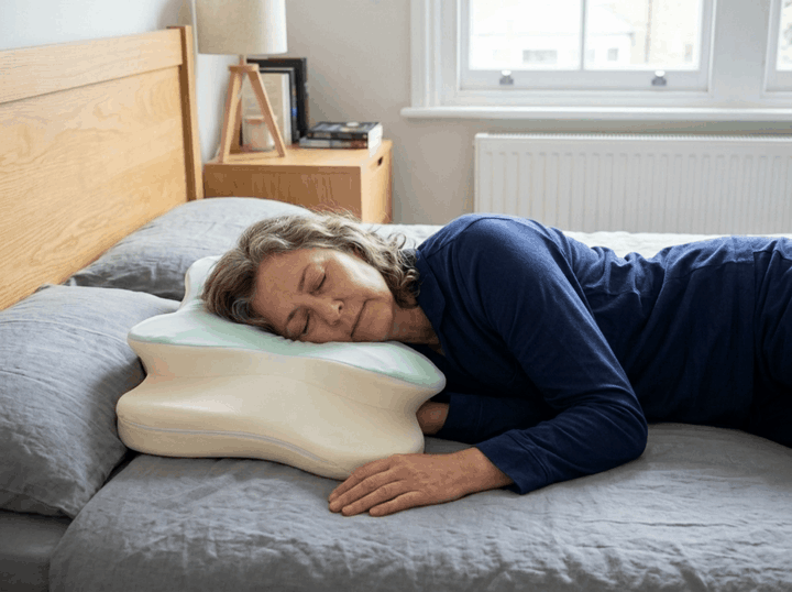 The shoulder sinking into the cut-out as she lies down