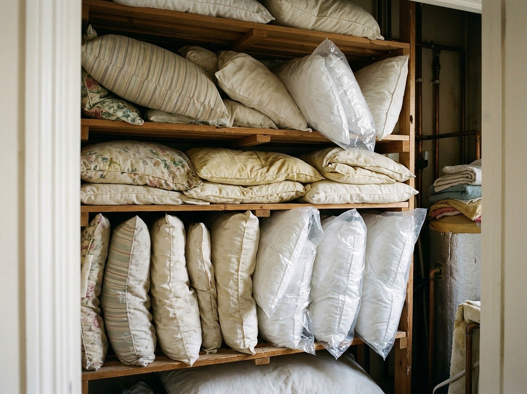 An airing cupboard crammed with pillows