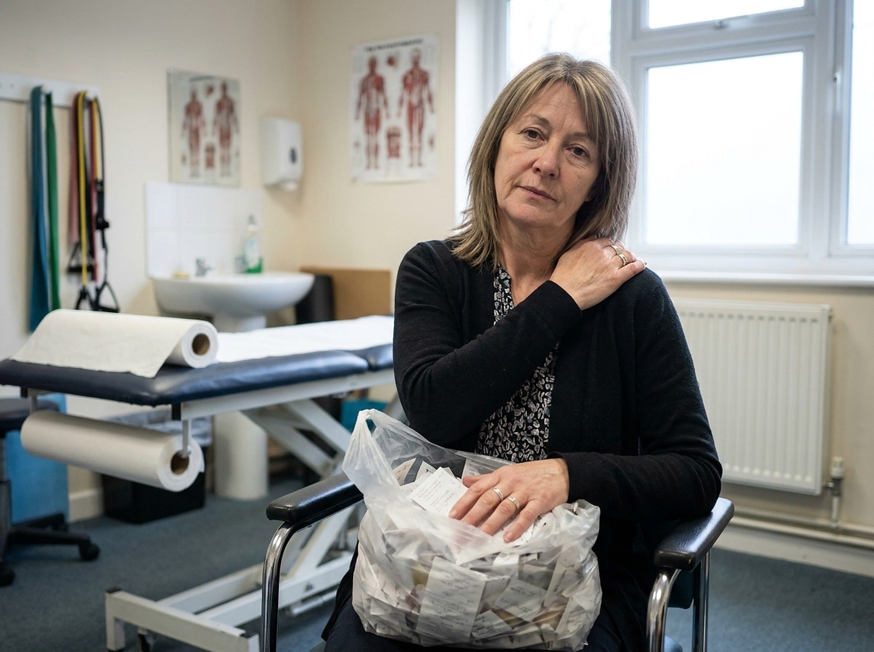 Woman in a physio clinic holding a bag of receipts