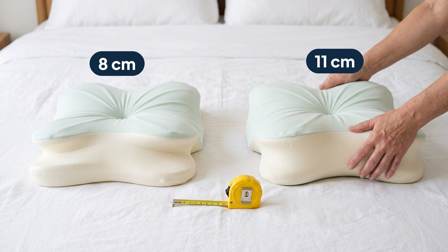 The pillow turned both ways, labelled 8 cm and 11 cm