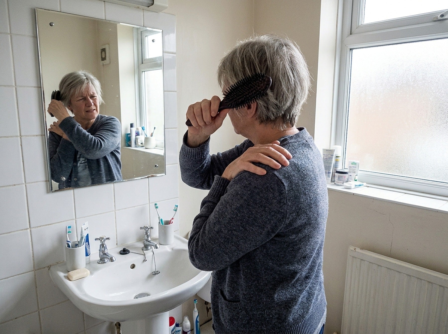 Woman struggling to lift her arm to brush the back of her hair