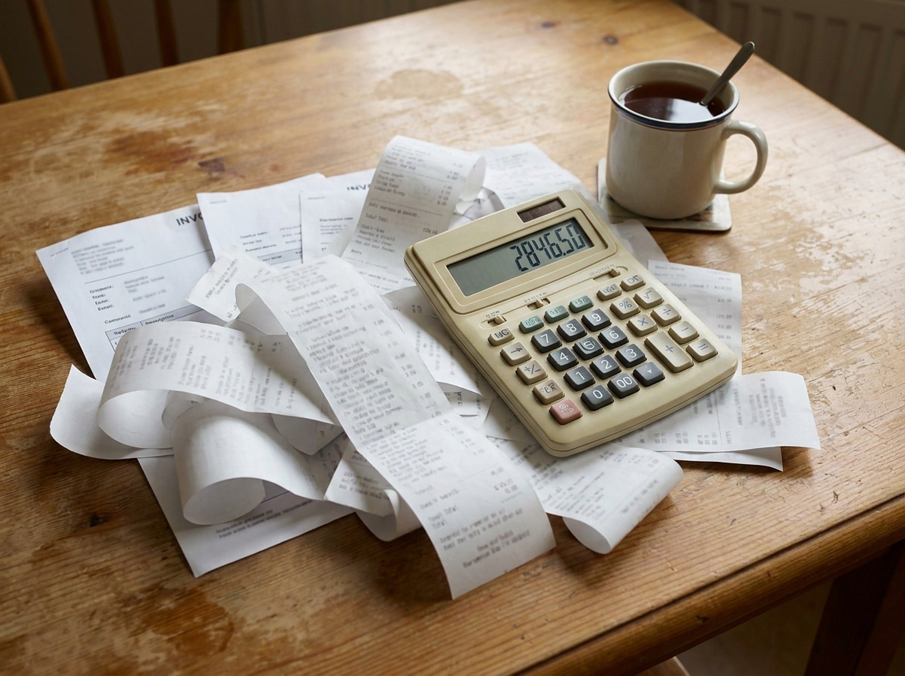 A pile of receipts and a calculator showing a large total