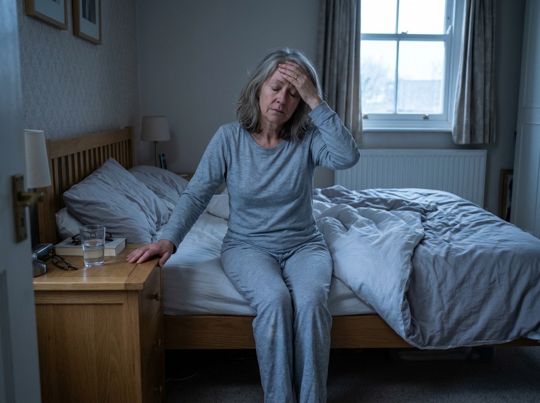 Woman steadying herself on the edge of the bed at dawn