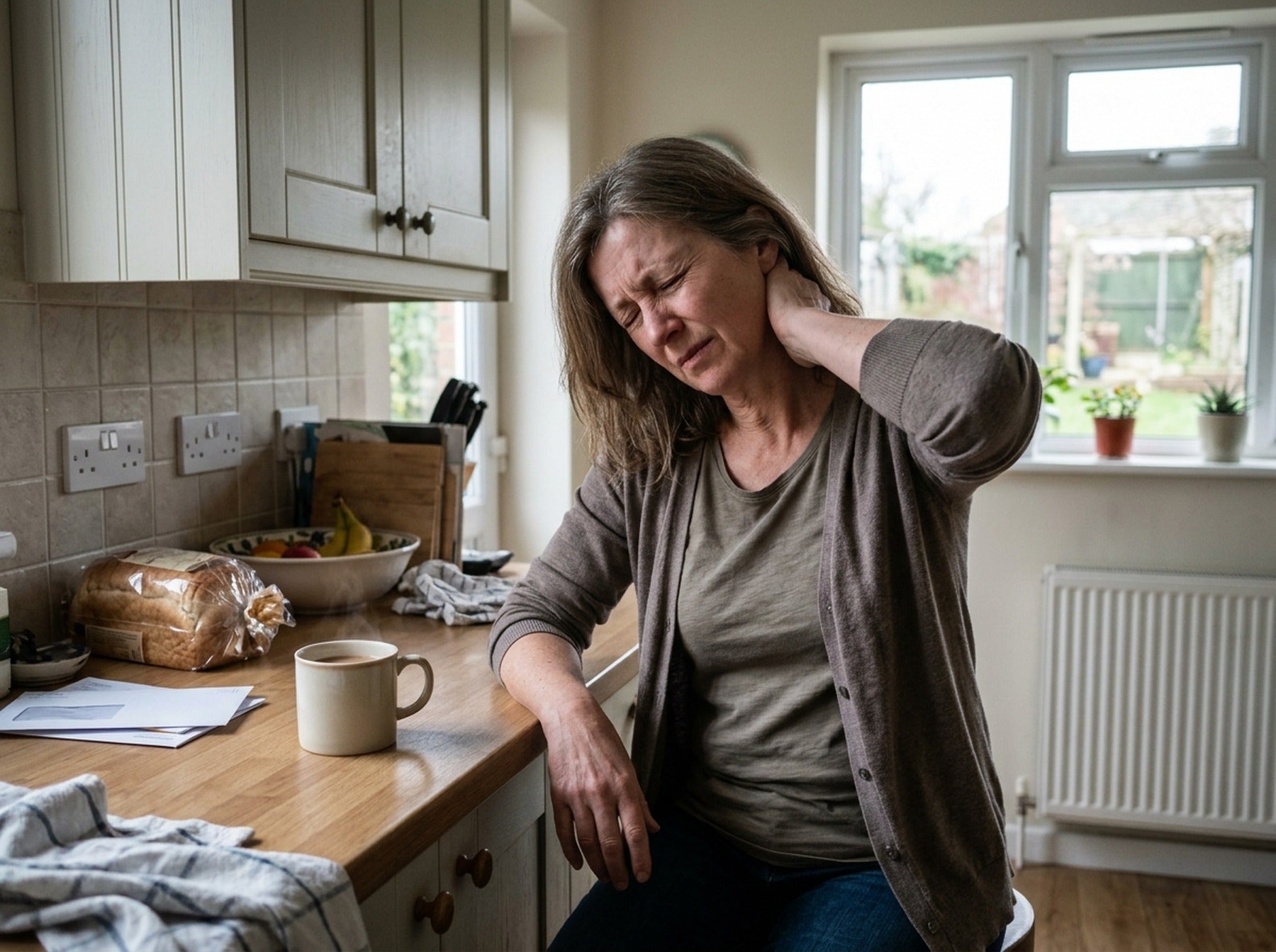 Woman pressing her fingers into the base of her skull