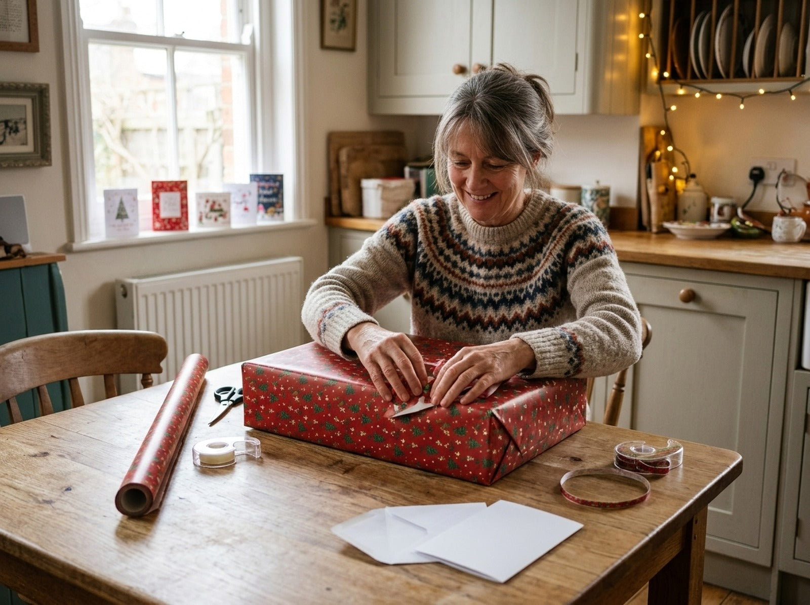 Wrapping a pillow-sized gift box on a kitchen table