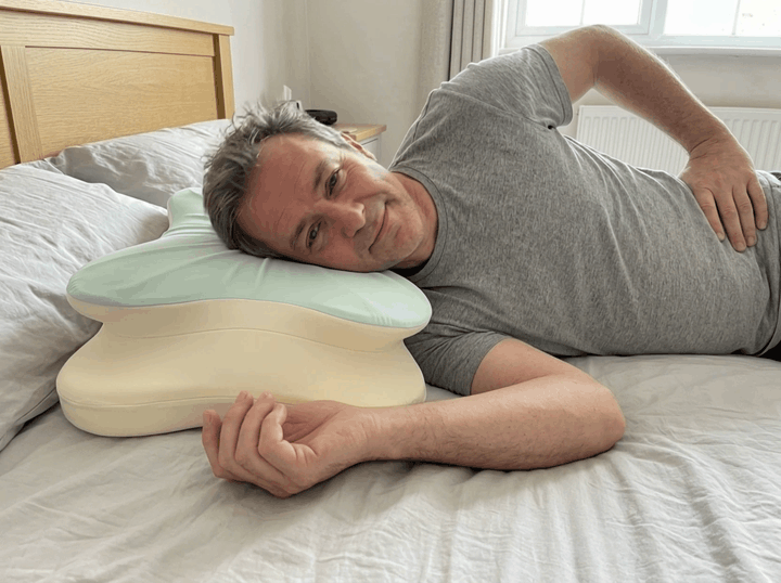 Man lying on the pillow, shoulder in the cut-out