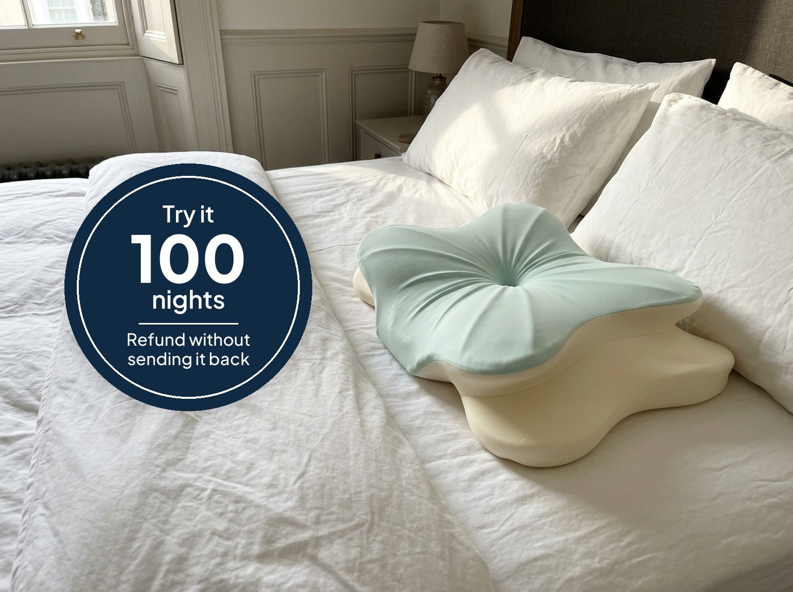 Try it 100 nights badge beside the pillow
